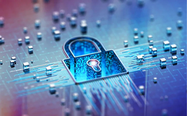 A digital padlock symbolizing cybersecurity on a circuit board.