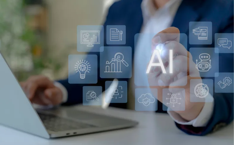 Businessman interacting with AI icons on a transparent screen.