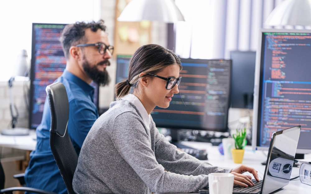 Two software developers focused on coding at their desks.