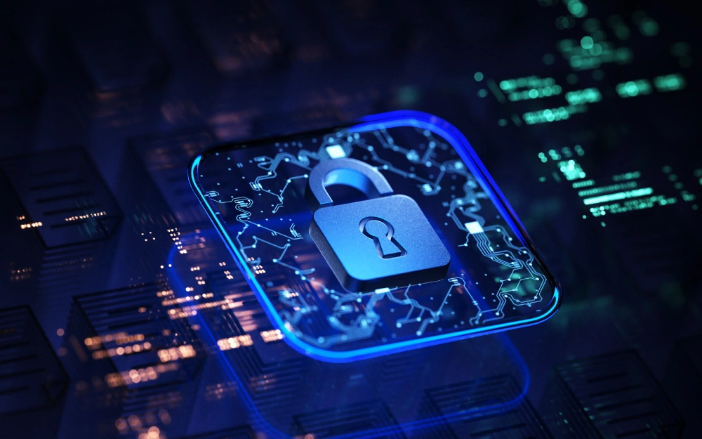 A digital lock symbolizing cybersecurity on a circuit board.