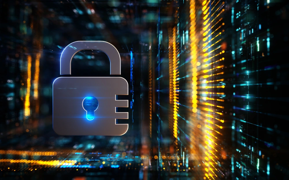 Digital padlock symbolizing cybersecurity and data protection.