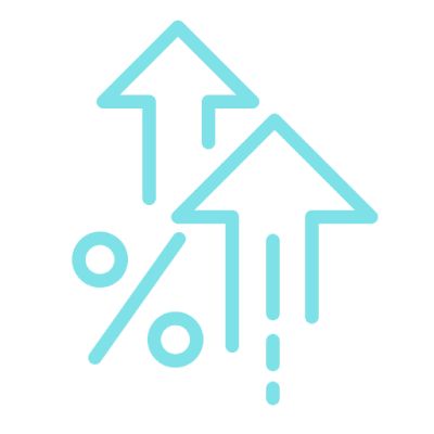 Symbols of growth and percentage on a blue background.
