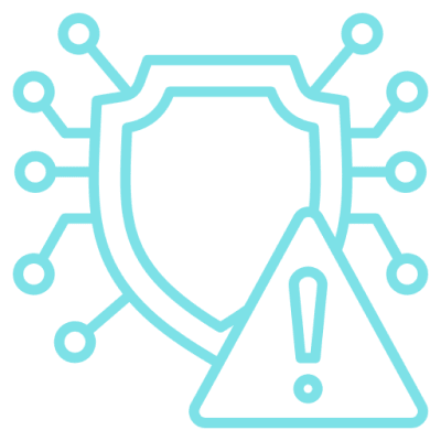 Shield with digital circuits and warning icon symbolizing cybersecurity risk.