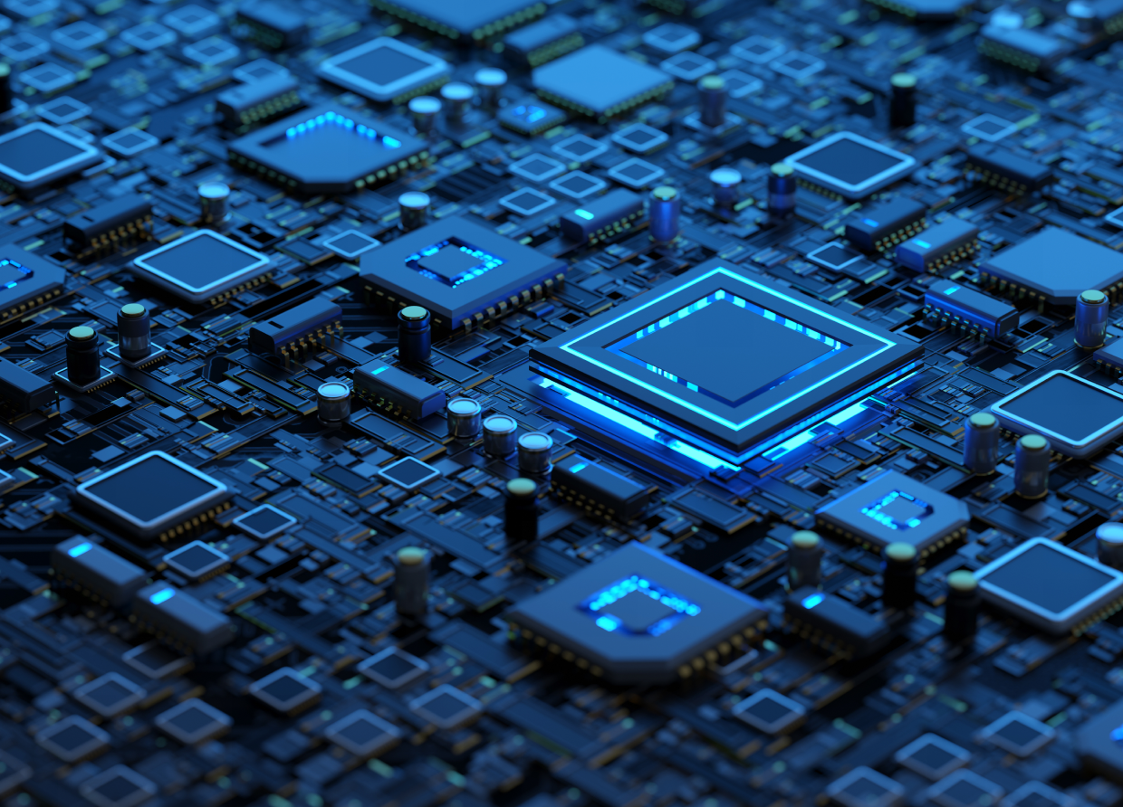 Futuristic circuit board with glowing chips