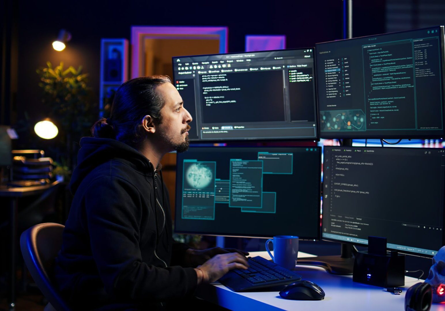 A man intensely coding on multiple monitors in a dark room.