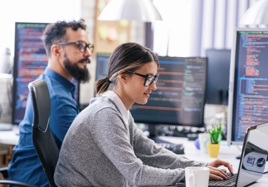 Two software developers focused on coding at their desks.