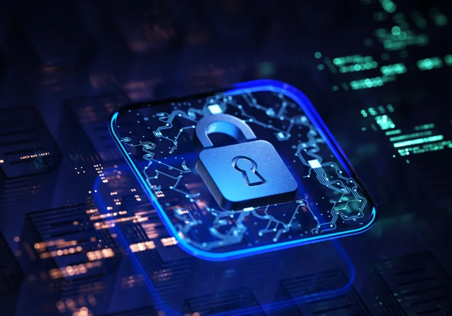 A digital lock symbolizing cybersecurity on a circuit board.