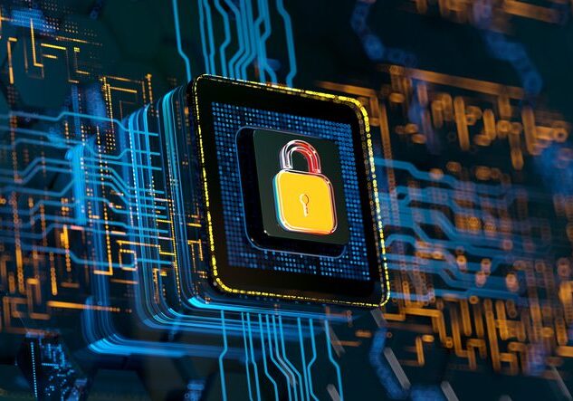 Digital lock icon on a microchip symbolizing cybersecurity.